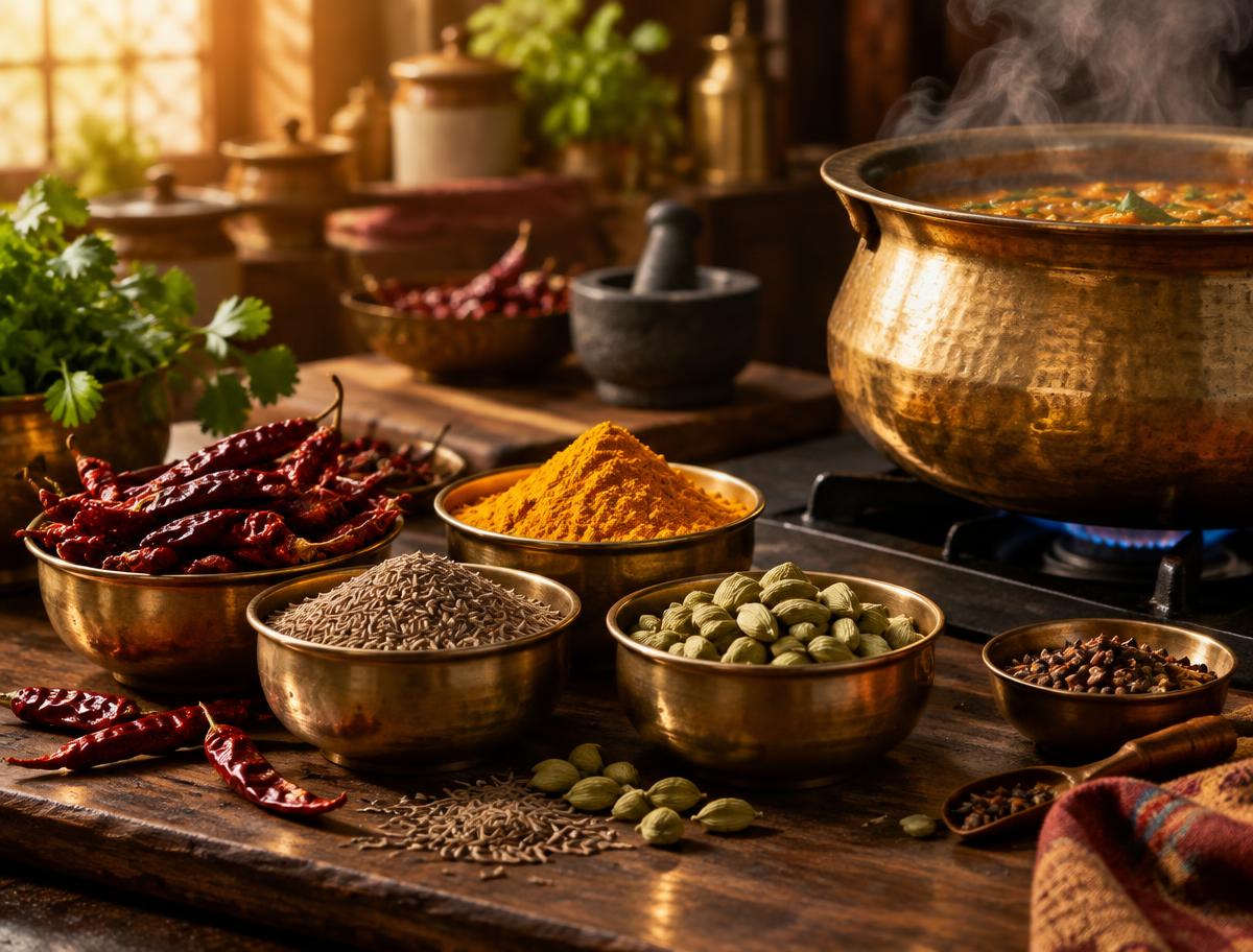 Whole Indian spices beside a simmering copper cooking pot